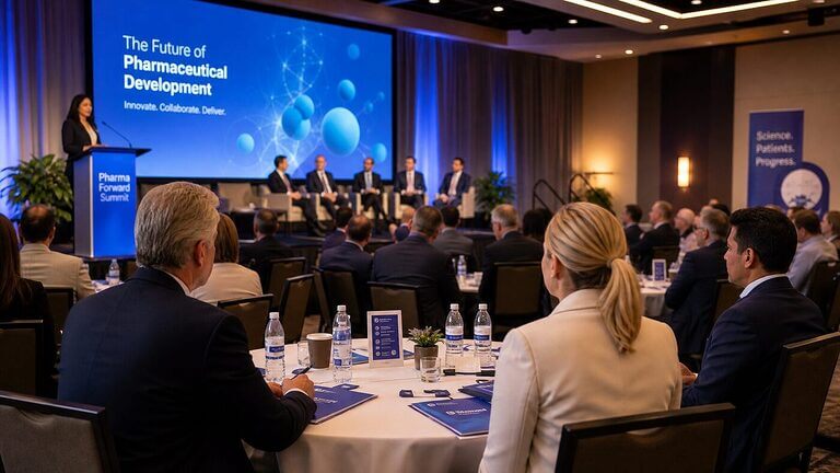 Professional pharmaceutical development conference auditorium filled with scientists and industry leaders at round tables