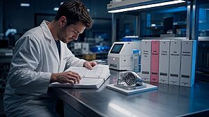 Quality engineer reviewing PMA design history documentation beside a medical implant in a cleanroom lab