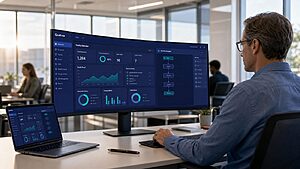 Quality director at a modern workstation reviewing the Cloudtheapp AI-powered QMS platform with Royal Blue and Cyan dashboard interface