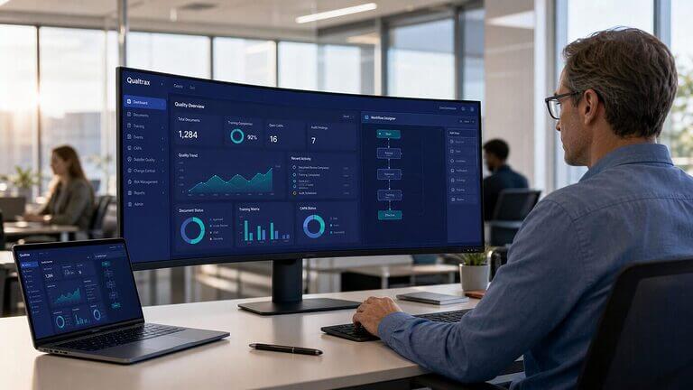 Quality director at a modern workstation reviewing the Cloudtheapp AI-powered QMS platform with Royal Blue and Cyan dashboard interface