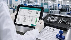 Quality inspector using a digital tablet for advanced inspections with AQL sampling plan and precision component at a clean production facility