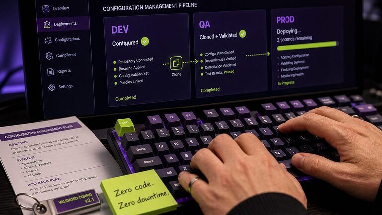 DevOps engineer's hands on a mechanical keyboard in macro close-up with a DEV-QA-PROD configuration management deployment pipeline dashboard glowing on screen behind