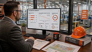 EHS manager reviewing environmental health and safety objectives and targets dashboard with safety orange metrics and industrial facility background