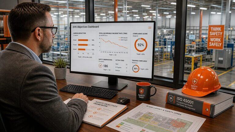EHS manager reviewing environmental health and safety objectives and targets dashboard with safety orange metrics and industrial facility background