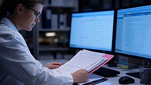 Quality professional reviewing medical device customer complaint records