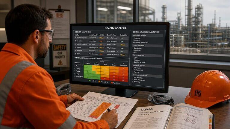 EHS safety engineer reviewing hazard analysis risk matrix and job safety analysis records on workstation with industrial plant view