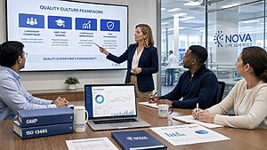Life sciences quality team meeting around a conference table reviewing quality culture framework pillars with GMP and ISO 13485 binders