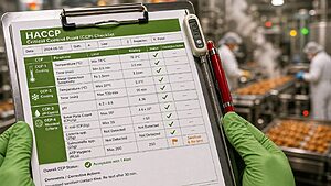 Food safety inspector's gloved hands holding a HACCP CCP checklist with temperature logs and microbial test results over a gleaming commercial food production line