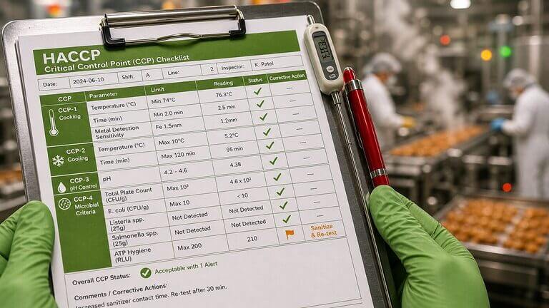 Food safety inspector's gloved hands holding a HACCP CCP checklist with temperature logs and microbial test results over a gleaming commercial food production line