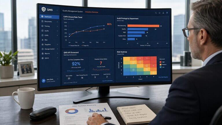 Quality director reviewing a native QMS built-in analytics dashboard with CAPA trends, audit findings by department, and real-time KPI scorecards in an executive office