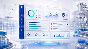 Pharmaceutical QMS software dashboard showing cGMP compliance status and batch record tracking