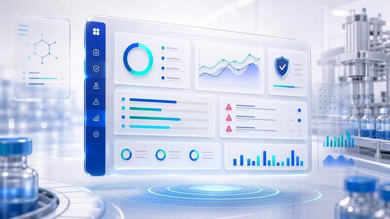 Pharmaceutical QMS software dashboard showing cGMP compliance status and batch record tracking