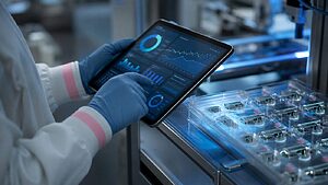 Quality engineer using a tablet on a medical device production line