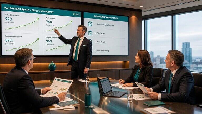 Quality director leading a management review meeting with KPI trend charts for CAPA closure audit findings and supplier performance in an executive boardroom