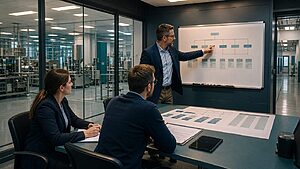 Quality director and team reviewing organizational structure in a pharmaceutical facility conference room