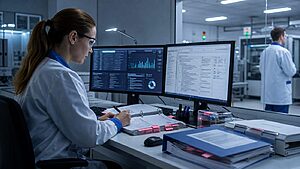 Quality engineer reviewing CAPA effectiveness check records in a medical device facility