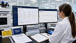 Pharmaceutical QC scientist reviewing an LMS lab testing dashboard with HPLC instruments and sample vials at a modern analytical testing bench
