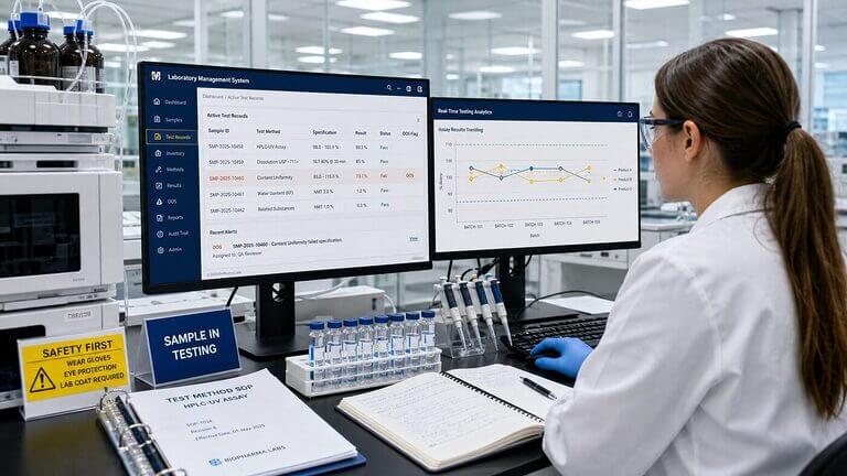 Pharmaceutical QC scientist reviewing an LMS lab testing dashboard with HPLC instruments and sample vials at a modern analytical testing bench