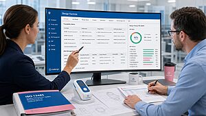 Medical device engineer and regulatory specialist reviewing traceability matrix and Design History File in a digital Design Controls module
