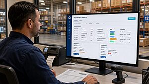 Logistics and quality manager reviewing shipping and customer returns module on a workstation with organized warehouse visible through a glass window
