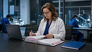 Quality professional reviewing ISO 13485 requirements for medical device QMS