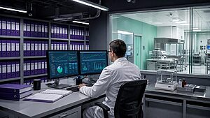 Computer system validation engineer at a dual-monitor workstation running IQ/OQ/PQ protocol tests in a controlled pharmaceutical lab