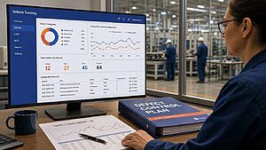 Quality manager reviewing defects tracking dashboard with defect rate trends by product line and NCR records at a manufacturing facility