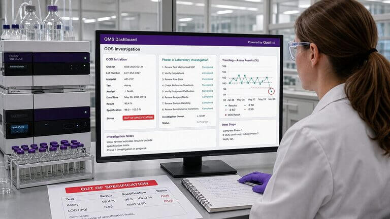 Pharmaceutical lab scientist investigating an out-of-specification result on a QMS OOS investigation dashboard in a modern analytical lab