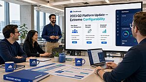Cloudtheapp software team reviewing 2023 Q2 platform update dashboard with new no-code configurability features in a modern tech office