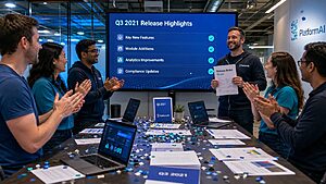 SaaS product team celebrating a Q3 2021 platform release with new features on screen and release notes on a conference table in a vibrant tech office