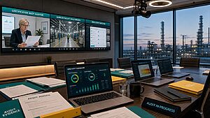 Corporate conference room converted into a remote audit hub with three wall-mounted screens showing live video audit sessions, evidence folders, and a QMS audit dashboard