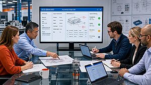 Cross-functional engineering change review board reviewing an ECO workflow with BOM redlines and approval routing on a digital QMS platform
