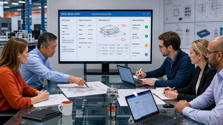 Cross-functional engineering change review board reviewing an ECO workflow with BOM redlines and approval routing on a digital QMS platform