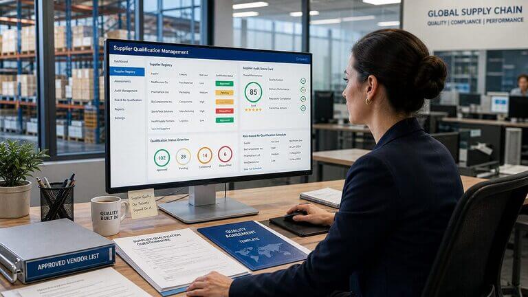 Supplier quality manager reviewing a global supplier qualification dashboard with approval status badges and risk-based re-qualification schedule
