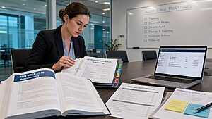 Quality auditor reviewing ISO certification audit binder and checklist in a modern corporate conference room