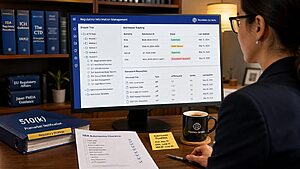 Regulatory affairs director reviewing CTD dossier structure and FDA EMA submission tracking dashboard in a professional regulatory office