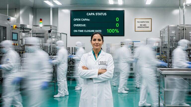 Quality manager stands still with arms folded in a pharmaceutical manufacturing floor as cleanroom operators move in motion-blur around her, with a CAPA status board showing 100% on-time closure rate behind her