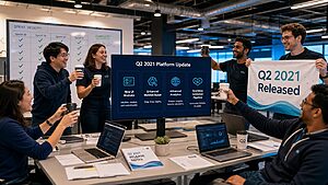 Engineering team celebrating the Q2 2021 platform release with feature highlights on screen and a completed sprint velocity chart in a modern tech office