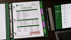 Top-down macro close-up of a color-tabbed SOP binder with an APPROVED stamp on a walnut desk, beside a laptop showing a digital document management system