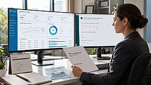 Medical device regulatory affairs specialist reviewing post-market surveillance dashboard with PMCF study data and MDR filing status
