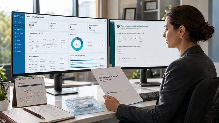 Medical device regulatory affairs specialist reviewing post-market surveillance dashboard with PMCF study data and MDR filing status