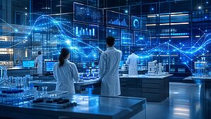 Quality management software dashboard in a pharmaceutical cleanroom environment with digital compliance data overlays