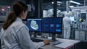 Quality engineer reviewing digital twin models in a medical device facility