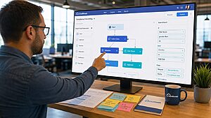 Business analyst configuring a no-code application builder with drag-and-drop workflow canvas and rule wizard in a modern tech office