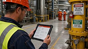 Safety compliance officer in hard hat and high-vis vest reviewing a digital Permit to Work on a ruggedized tablet on an industrial plant floor