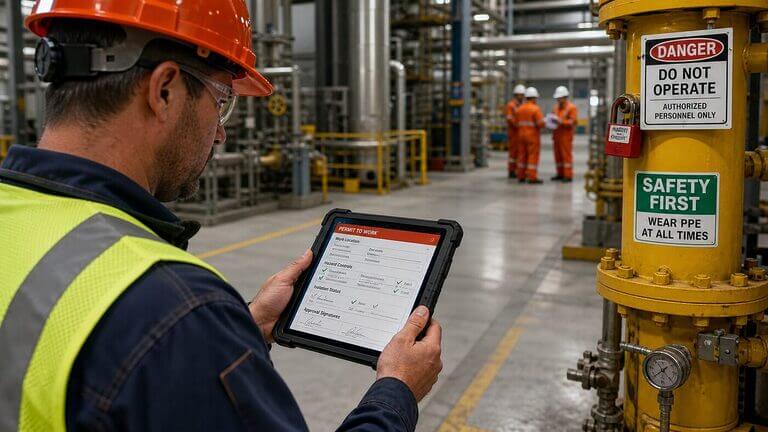 Safety compliance officer in hard hat and high-vis vest reviewing a digital Permit to Work on a ruggedized tablet on an industrial plant floor