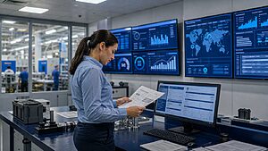 Manufacturing quality engineer reviewing process maps and QMS dashboards in a production quality control room