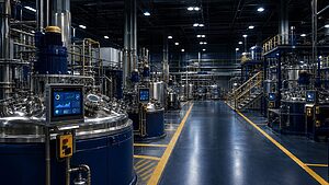 Pharmaceutical batch manufacturing floor with electronic batch record terminals at production workstations