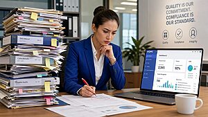 Quality manager comparing a chaotic stack of paper binders against a clean digital eQMS dashboard showing the before-and-after contrast of paper to digital QMS transformation