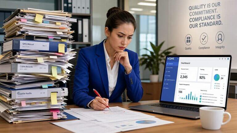 Quality manager comparing a chaotic stack of paper binders against a clean digital eQMS dashboard showing the before-and-after contrast of paper to digital QMS transformation